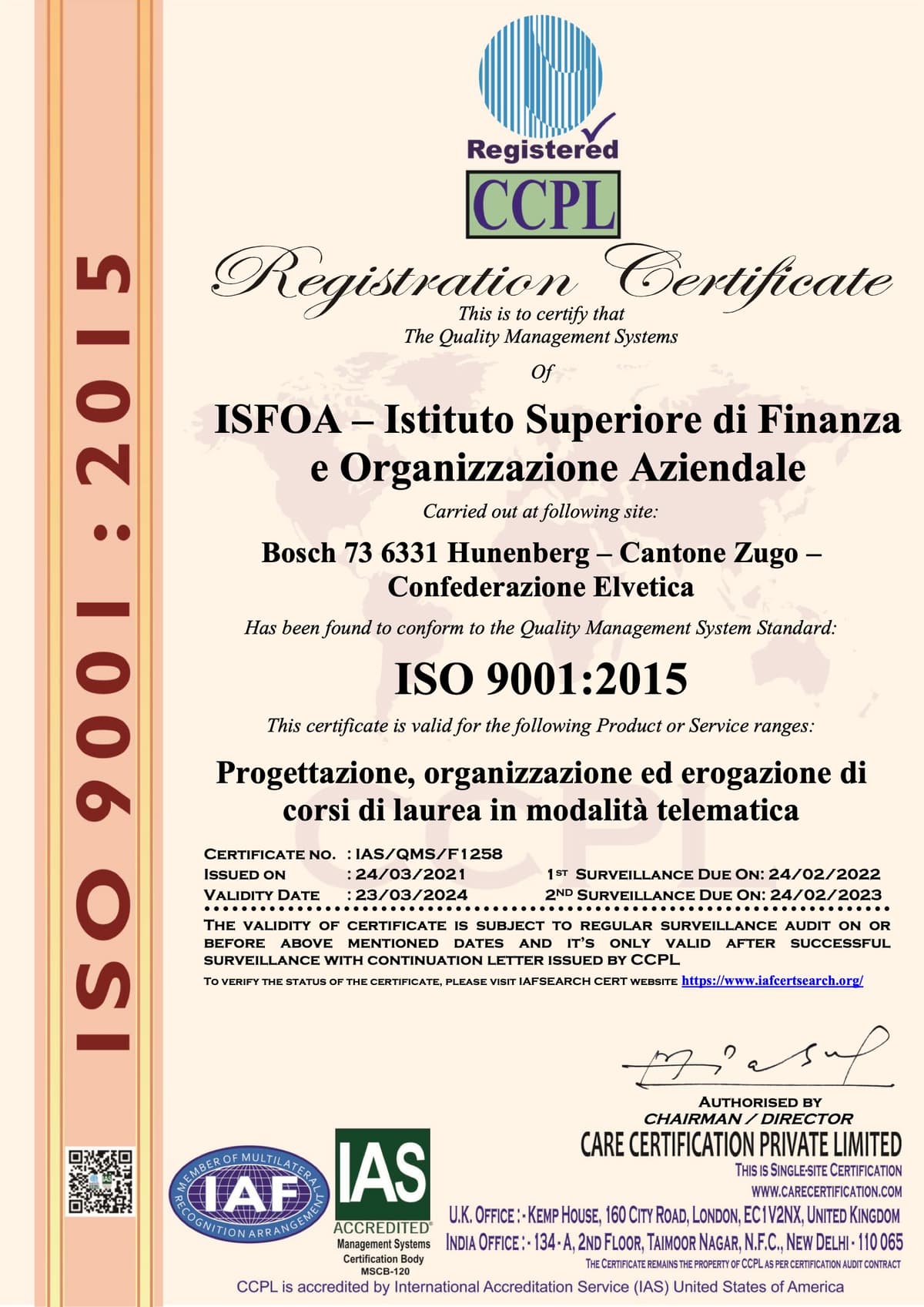 Certificato ISO 9001:2015